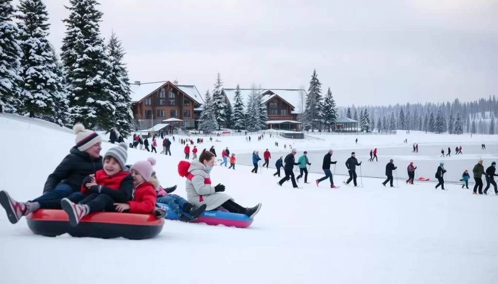 Winter carnival scene in McCall, Idaho: A snowy landscape with a group of people participating in winter activities. In the foreground, families are sledding down a gentle slope, their laughter echoing through the crisp air. In the middle ground, cross-country skiers glide gracefully across a frozen lake, surrounded by snow-capped pine trees. In the background, a traditional wooden lodge stands tall, its warm glow beckoning visitors to come indoors and enjoy the cozy ambiance. The scene is bathed in a soft, natural light, creating a serene and inviting atmosphere that captures the essence of a winter wonderland.