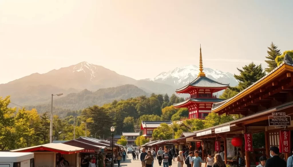 Yamagata City on a sunny day, with the iconic Yamadera Temple perched atop a lush, green hillside, its intricate architecture commanding attention. In the foreground, a bustling street market showcases local delicacies and vibrant handicrafts. Towering mountains rise in the background, their snow-capped peaks reflecting the warm, golden sunlight. The scene captures the perfect balance of natural beauty and cultural richness that defines Yamagata City, inviting the viewer to immerse themselves in its captivating atmosphere.