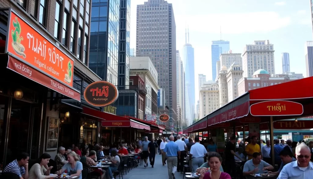 a bustling street scene in downtown Chicago, with vibrant Thai restaurant signs and awnings lining the sidewalks. In the foreground, people are enjoying outdoor dining, savoring fragrant curries, noodle dishes, and fresh spring rolls under the warm afternoon sun. The middle ground features a mix of modern high-rises and historic architecture, creating a diverse urban backdrop. In the distance, the iconic Chicago skyline is visible, with the Willis Tower and other landmarks standing tall. The overall mood is lively and inviting, capturing the energy and diversity of Chicago's thriving Thai food scene.