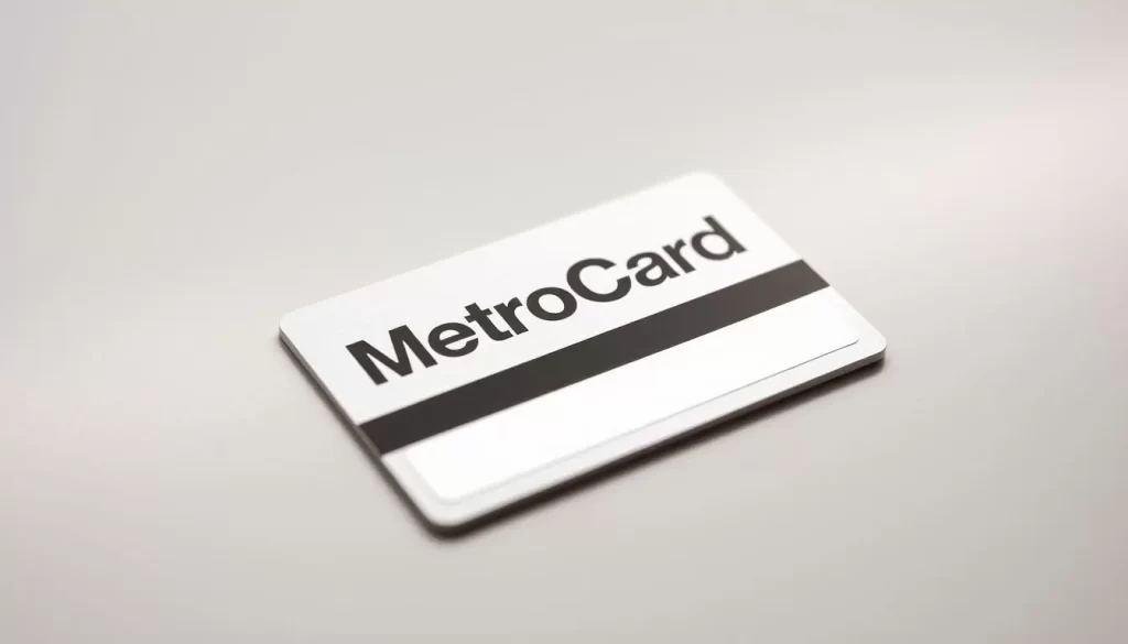 a close-up shot of a MetroCard from the New York City subway system, resting on a clean, well-lit surface with a soft, even lighting. The MetroCard should be depicted in high detail, showcasing its sleek, rectangular shape, the iconic "MetroCard" text, and the magnetic strip on the back. The card should be placed on a neutral background, such as a solid color or a subtle, unobtrusive texture, to draw the viewer's attention to the MetroCard itself. The overall tone should be clean, modern, and visually appealing, reflecting the efficient and reliable nature of New York City's public transportation system.