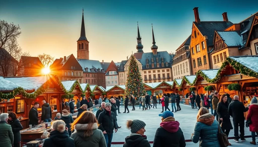 a festive winter scene in Luxembourg, showcasing a bustling outdoor market with quaint wooden stalls, adorned with twinkling lights and festive garlands. In the foreground, people bundle up in warm coats, scarves, and hats, browsing an array of handcrafted goods, hot beverages, and seasonal treats. The middle ground features a towering Christmas tree, surrounded by ice skating rinkwith people gliding across the smooth surface. In the background, historic buildings with snow-capped roofs and church spires create a charming, old-world ambiance, bathed in a warm, golden glow from the setting sun. The overall atmosphere conveys a sense of festive cheer, community, and the embrace of the winter season.
