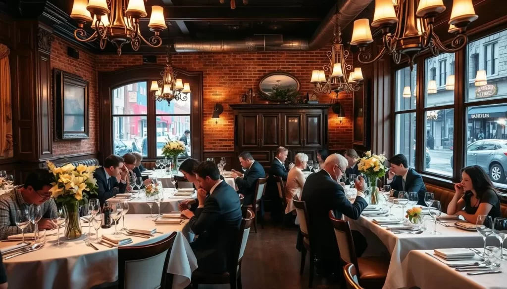 a fine dining experience in a classic French restaurant in downtown Los Angeles, with white linen tablecloths, polished stemware, and elegant centerpieces of fresh flowers. The scene is bathed in warm, soft lighting from wrought-iron chandeliers, creating a cozy and intimate atmosphere. Well-dressed patrons savor their meals at intimate tables, engaged in lively conversation. The interior features exposed brick walls, intricate woodwork, and antique accents that evoke the charm of a Parisian bistro. Through the windows, the bustling city streets are visible, but feel far away, allowing diners to fully immerse themselves in the refined ambiance of the restaurant.