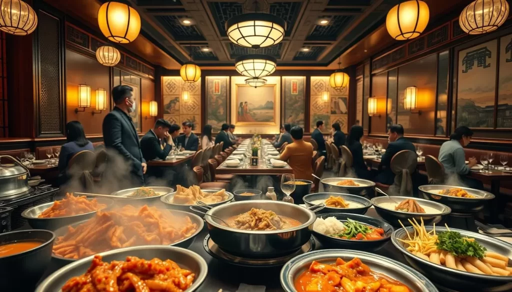 a highly detailed image of a lively Korean restaurant in London, with an expansive view of the interior showcasing an array of traditional dishes. Focus on the foreground, where a spread of mouth-watering Korean BBQ, kimchi, bibimbap, and other signature dishes are presented on the table, with steam gently rising from the hot plates. In the middle ground, depict smartly dressed patrons enjoying their meals in a cozy, dimly lit ambiance, with warm lighting casting a welcoming glow. In the background, capture the restaurant's elegant decor, including hanging lanterns, ornate wallpapers, and traditional Korean artwork, conveying a sense of authentic cultural immersion. Render the scene with a cinematic, high-resolution quality, using a wide-angle lens to capture the full grandeur of the space.