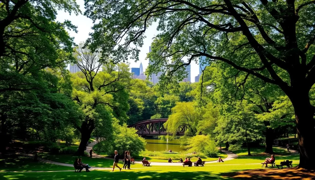 a lush, verdant park in the heart of New York City, with towering trees casting dappled shadows across the winding paths. In the foreground, people stroll leisurely, some sitting on benches or picnicking on the soft grass. In the middle ground, a picturesque pond reflects the surrounding foliage, with a wooden bridge arching gracefully over it. The background features the iconic skyline of the city, the skyscrapers towering in the distance, creating a striking contrast between the urban jungle and the tranquil oasis. The overall scene is bathed in warm, golden light, conveying a sense of serenity and escape from the bustling metropolis.