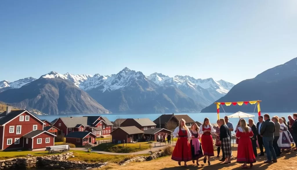 a picturesque Norwegian village in the foreground, with traditional red, white, and wooden houses nestled along the shore of a serene fjord. In the middle ground, a vibrant outdoor festival scene with people dressed in colorful national costumes, dancing to the rhythmic beat of folk music. In the background, snow-capped mountains rise majestically, their peaks reaching towards a clear, azure sky. The scene is illuminated by warm, golden sunlight, creating a joyous and celebratory atmosphere.