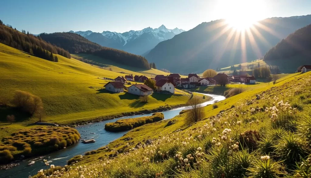 a scenic landscape of slovenia in the spring, with rolling green hills, blooming wildflowers, and a picturesque village nestled in a valley. the sun is shining brightly, casting a warm, golden glow over the scene. in the foreground, a winding river flows gently, its banks lined with lush vegetation. in the middle ground, traditional slovenian houses with red-tiled roofs and charming architectural details dot the landscape. in the background, snow-capped mountains rise majestically, creating a breathtaking backdrop. the overall mood is one of tranquility, natural beauty, and the gentle charm of the slovenian countryside.
