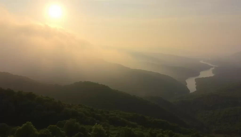 a scenic view of the misty, smoke-shrouded peaks of the Great Smoky Mountains, with lush green forests covering the rolling hills in the foreground. The sun's golden rays pierce through the hazy atmosphere, casting a warm, ethereal glow over the landscape. In the distance, a winding river or lake reflects the natural beauty of the scene. The composition features a balance of the commanding mountain silhouettes, the verdant foliage, and the tranquil, glimmering water, conveying a sense of peaceful wilderness and natural wonder.