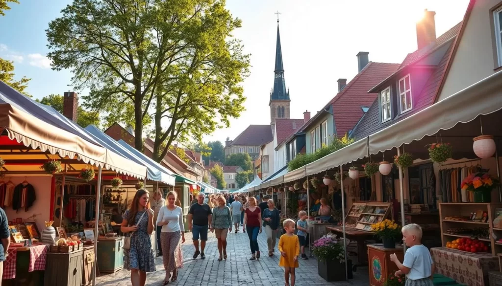 a tranquil summer festival in a quaint Latvian town, with colorful tents and stalls lining the cobblestone streets. Locals and visitors mingle, browsing handcrafted artisanal goods, sampling traditional cuisine, and listening to lively folk music. Warm sunlight filters through the trees, casting a golden glow over the scene. In the distance, a towering medieval church steeple rises above the rooftops. Vibrant floral displays and playful children add to the festive atmosphere, creating a charming, authentic representation of Latvia's seasonal celebrations.