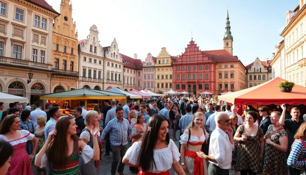 a vibrant festival scene in Slovakia, with a lively crowd gathered in a picturesque town square. In the foreground, people dance to the rhythmic beat of traditional music, their colorful costumes and smiling faces capturing the joyous atmosphere. The middle ground features food stalls and artisanal vendors, offering a tantalizing array of local delicacies and handcrafted goods. In the background, historic buildings with ornate architecture provide a stunning backdrop, bathed in the warm glow of the afternoon sun. The overall scene exudes a sense of cultural celebration, inviting the viewer to immerse themselves in the rich tapestry of Slovakia's vibrant festival traditions.