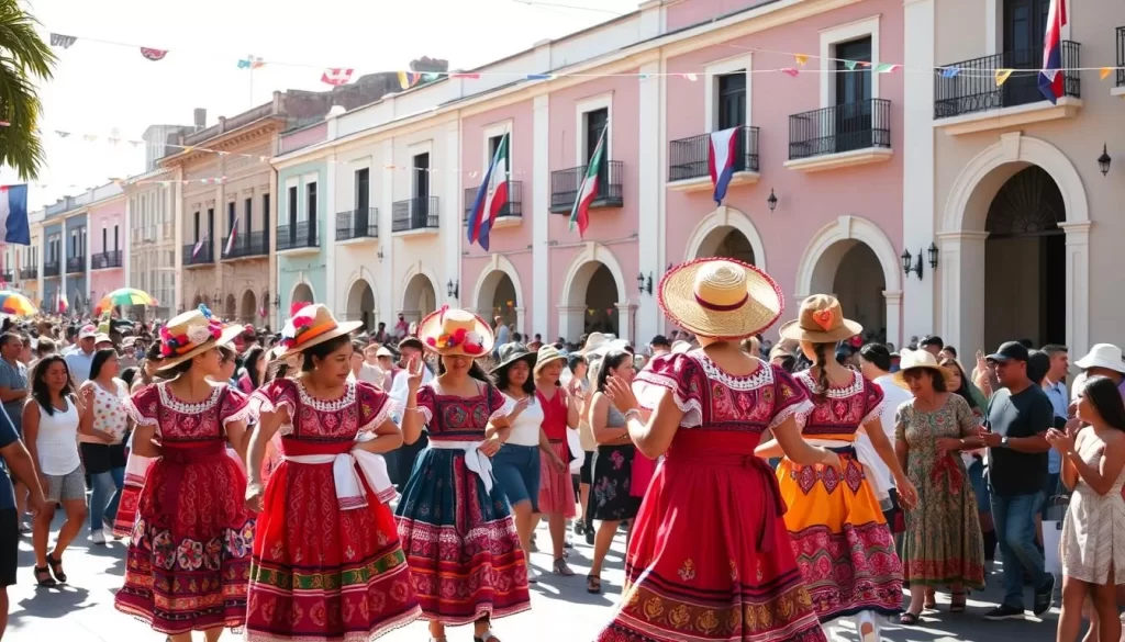 a vibrant street festival in El Salvador, with colorful traditional costumes, lively music, and joyful crowds dancing in the sunlight. The foreground is dominated by a group of performers wearing intricate, embroidered dresses and hats, their movements energetic and expressive. In the middle ground, people of all ages mingle, some carrying handcrafted wares and others clapping to the rhythm of the drums. The background features a backdrop of colonial-style buildings, their facades adorned with flags and streamers, creating a festive atmosphere. The lighting is warm and natural, casting a golden glow over the scene, and the angle captures the energy and spirit of the celebration.
