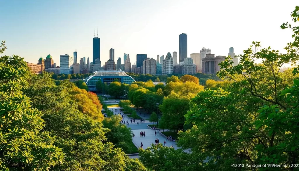 a wide panoramic view of chicago's iconic skyline framed by lush green trees and foliage in the foreground, with people enjoying the city's urban parks and public spaces in the midground. the scene is bathed in warm, golden afternoon sunlight, creating a serene and inviting atmosphere. the architecture is clearly visible in the distance, a harmonious blend of modern and historic buildings. the image conveys the vibrant and livable nature of chicago's urban green spaces, where residents and visitors can escape the bustling city and immerse themselves in nature.