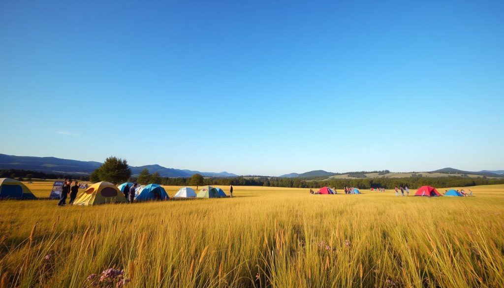 festival camping, outdoor camping site under blue sky, people setting up tents and enjoying the day, large open field with tall grass and wildflowers in the foreground, distant trees and rolling hills in the background, warm natural lighting, wide angle lens, peaceful and serene atmosphere