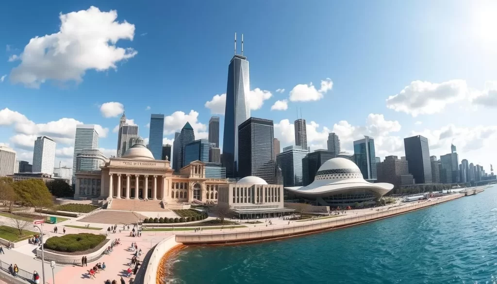 wide-angle panoramic view of the Chicago skyline with the Willis Tower (formerly Sears Tower) prominent in the background, several iconic museums visible in the foreground including the Art Institute of Chicago, the Field Museum, and the Adler Planetarium, a sunny day with fluffy white clouds in the sky, people strolling along the shores of Lake Michigan, a vibrant and dynamic scene capturing the energy and architectural grandeur of Chicago's world-class museum district
