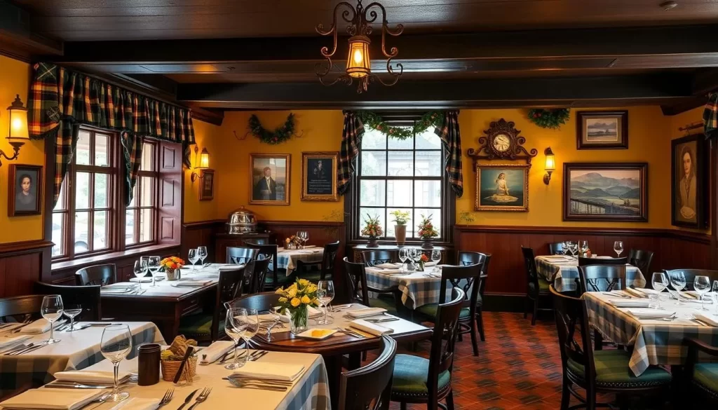 A Scottish-themed restaurant with a traditional menu and old-world decor.