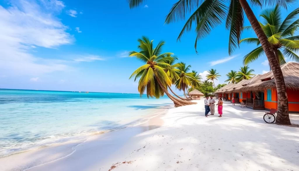 A beach on Minicoy Island, the southernmost atoll of the Lakshadweep archipelago, India. The tranquil turquoise waters of the Arabian Sea gently lap against the pristine white sand. Traditional thatched-roof houses line the shore, their vibrant ochre and azure hues contrasting with the lush palm trees swaying overhead. In the distance, a group of local Dhivehi-speaking islanders converse animatedly, their rich cultural heritage evident in their gestures and attire. Soft, diffused sunlight illuminates the scene, creating a serene and inviting atmosphere that captures the essence of the Mahl language and its connection to the island's natural beauty.