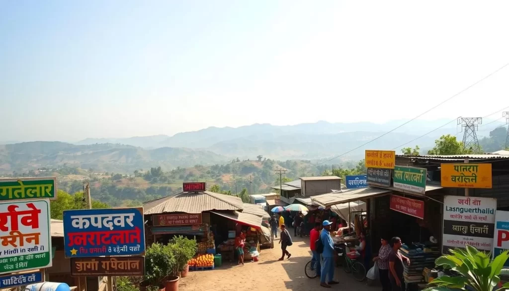 A beautiful landscape depicting the languages spoken in the Indian state of Jharkhand. In the foreground, vibrant signage showcases the official languages of Hindi and Santali, their colorful letters dancing across the scene. The middle ground features a bustling market, with vendors hawking goods in a variety of regional tongues like Bangla, Odia, and Nagpuri. In the background, rolling hills and a clear blue sky set the stage, hinting at the linguistic diversity that permeates this unique state. The lighting is warm and natural, creating a sense of harmony and community. Capture this scene with a wide-angle lens to fully immerse the viewer in the linguistic tapestry of Jharkhand.