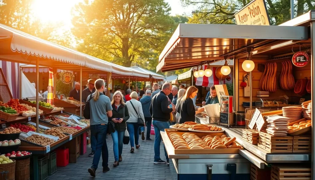 A beautiful outdoor market in the heart of Oświęcim, Poland, showcasing an array of local cuisine. Colorful stalls brimming with freshly picked produce, homemade breads, and artisanal delicacies. The warm afternoon sunlight filters through the canopies, casting a golden glow over the bustling scene. In the foreground, a family-owned food truck sizzles with the aroma of traditional pierogies and kielbasa sausages. Locals and visitors mingle, sampling the flavors of the region, while lively conversations and laughter fill the air, capturing the vibrant spirit of the community.