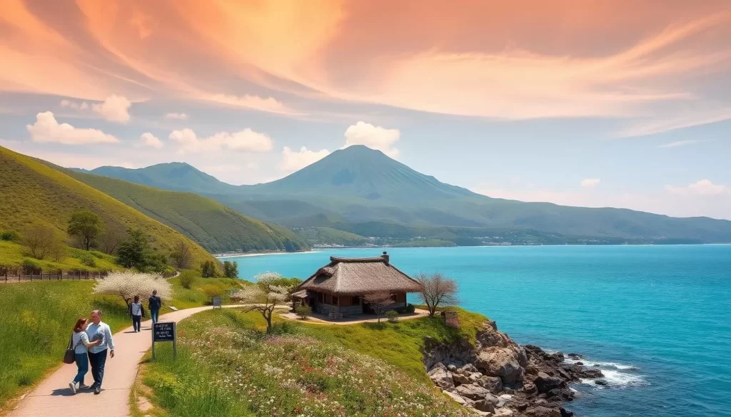 A beautiful spring day on Jeju Island, South Korea. In the foreground, families stroll along a scenic coastal path, admiring the stunning turquoise waters and lush green hills. In the middle ground, a traditional Jeju thatched-roof house sits peacefully amid blooming cherry blossoms. In the background, the iconic volcanic peaks of Hallasan Mountain rise majestically, their slopes blanketed in vibrant wildflowers. Warm, golden sunlight filters through wispy clouds, casting a serene, tranquil atmosphere over the entire scene. Capture the essence of Jeju's seasonal charm and natural splendor in a breathtaking, panoramic landscape.