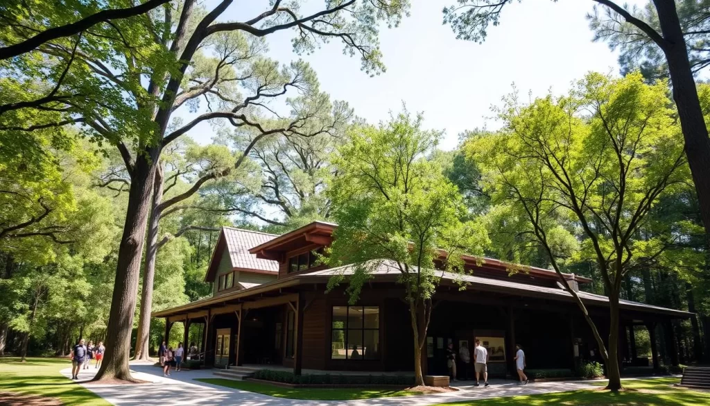 A beautiful, sunny day at the Congaree National Park Visitor Center. The two-story wooden structure stands proudly, its natural architecture blending seamlessly with the lush, verdant surroundings. Tall, towering trees provide dappled shade, their leaves rustling gently in the soft breeze. Visitors stroll along the well-maintained pathways, gazing in awe at the center's informative displays through large windows. The scene exudes a sense of tranquility and appreciation for the park's natural wonders. A wide-angle lens captures the entire building, framed by the verdant backdrop of the Congaree wilderness.