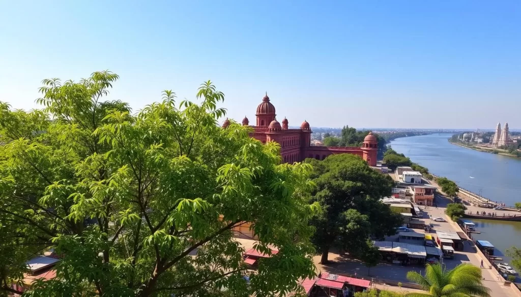 A beautiful, sunny day in the bustling city of Patna, Bihar, India. In the foreground, lush green trees sway gently, casting soft shadows on the vibrant markets below. The middle ground showcases the iconic red-sandstone architecture of the Golghar, a historic granary built in the 18th century. In the distance, the majestic Ganges River winds its way through the city, its waters glimmering in the warm sunlight. The scene exudes a serene, tranquil atmosphere, inviting visitors to explore the rich cultural heritage and natural beauty of Bihar during the ideal travel months.