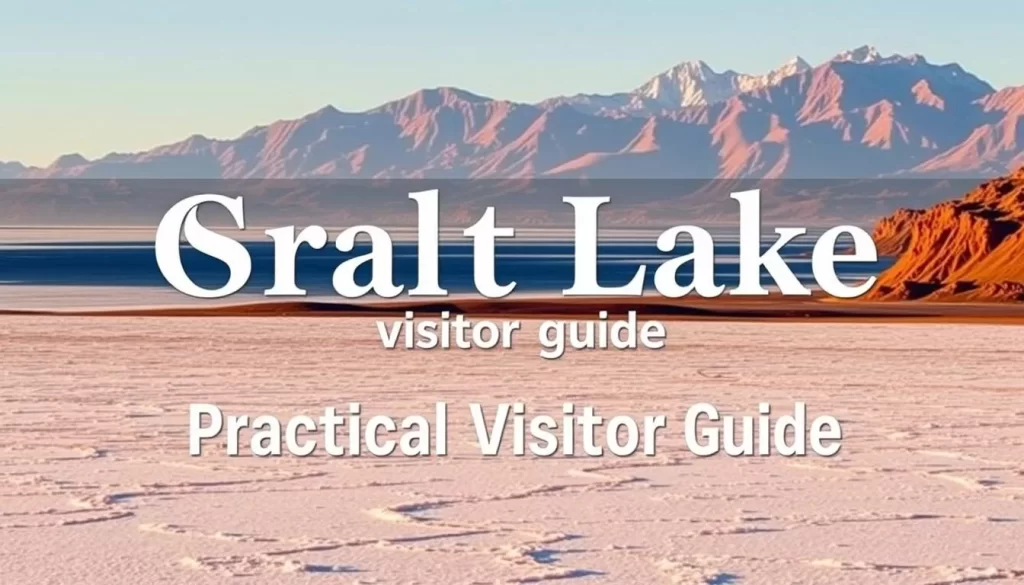 A beautifully designed Great Salt Lake visitor guide, featuring a stunning landscape with the vast salt flats in the foreground, surrounded by towering mountains in the distance. The guide is presented in a clean, modern layout, with high-quality photography showcasing the lake's unique natural beauty. Warm, diffused lighting creates a serene and inviting atmosphere, highlighting the guide's informative content and practical tips for exploring this remarkable natural wonder. The image conveys a sense of exploration and discovery, perfectly aligning with the "Practical Visitor Guide" section of the article.