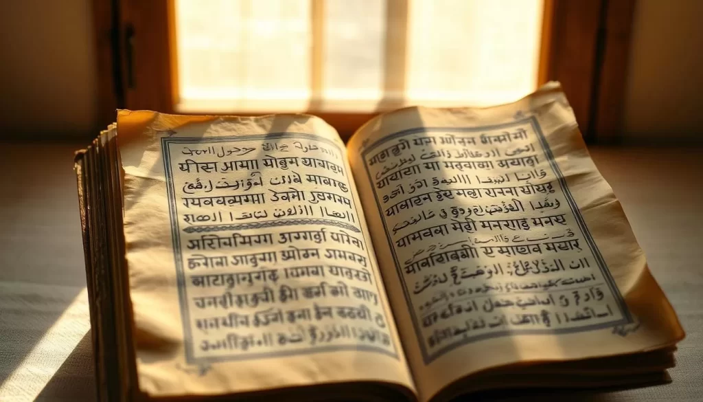A beautifully illuminated Kashmiri Sharada script manuscript, meticulously rendered on antique paper with intricate calligraphic flourishes. Sunlight filters through a window, casting a warm glow on the delicate pages, revealing the elegant curves and precise strokes of this ancient writing system. The background is a serene, neutral tone, allowing the script to take center stage and evoke the rich cultural heritage of Jammu and Kashmir.