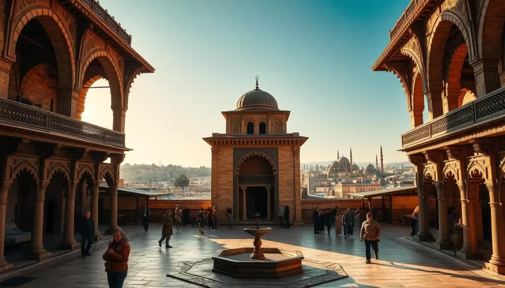 A beautifully preserved historical caravanserai, its grand stone archways and intricate architectural details bathed in warm afternoon sunlight. In the foreground, a tranquil courtyard with a central fountain, surrounded by rows of ornate columns and balconies. In the middle ground, a group of travelers and merchants milling about, exchanging goods and stories. The background reveals a picturesque city skyline, with domed roofs and minarets rising against a clear, azure sky. The scene conveys a sense of timeless elegance, history, and the bustling atmosphere of an ancient Silk Road trading post.