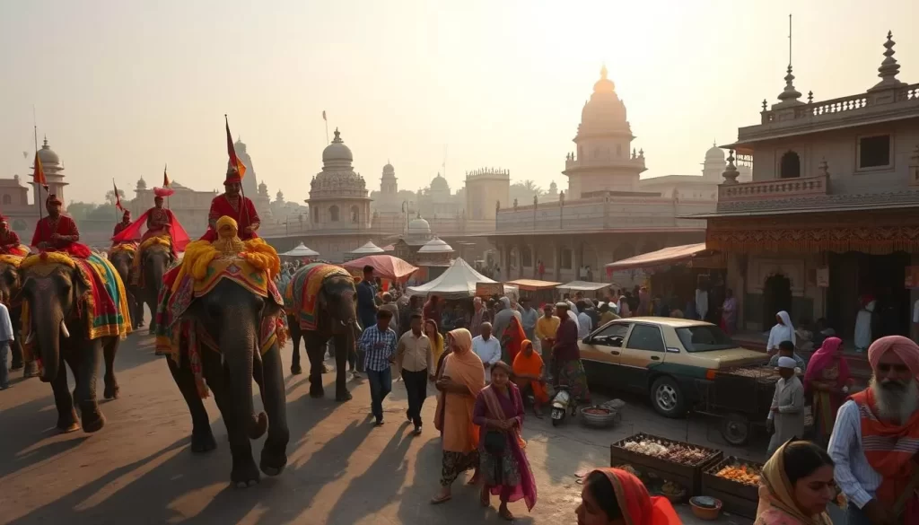 A beautifully vibrant scene of lesser-known Punjab festivals. In the foreground, a colorful procession of elaborately decorated elephants and camels carrying performers in vibrant costumes. In the middle ground, a bustling marketplace with stalls selling handcrafted goods, fragrant spices, and traditional sweets. In the background, ancient temples and ornate architecture provide a stunning backdrop. The sun casts a warm, golden glow, illuminating the joyous festivities. Capture the unique cultural heritage and energy of these fascinating Punjab celebrations.