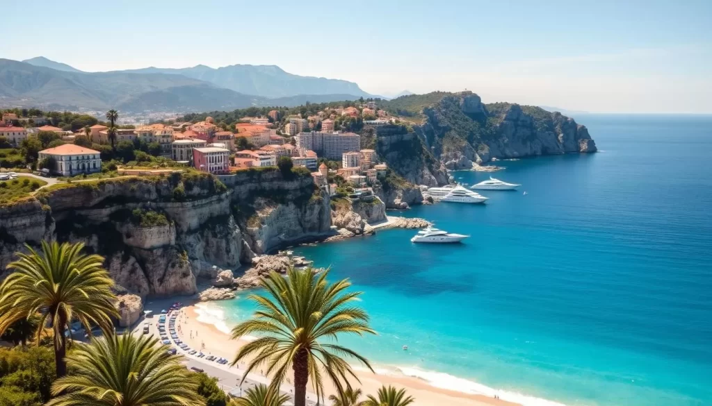 A breathtaking Mediterranean coastline stretches along the French Riviera, bathed in warm sunlight. Rugged cliffs plunge into the azure waters, dotted with picturesque seaside towns and luxury yachts. In the foreground, a pristine sandy beach is framed by swaying palm trees, inviting visitors to relax and soak up the sun. The middle ground features charming pastel-colored buildings cascading down the hillsides, their terracotta roofs glistening. In the distance, the horizon is dominated by the majestic silhouettes of the Maritime Alps, their peaks capped with snow. The overall scene exudes an atmosphere of Mediterranean elegance, sophistication, and natural beauty.