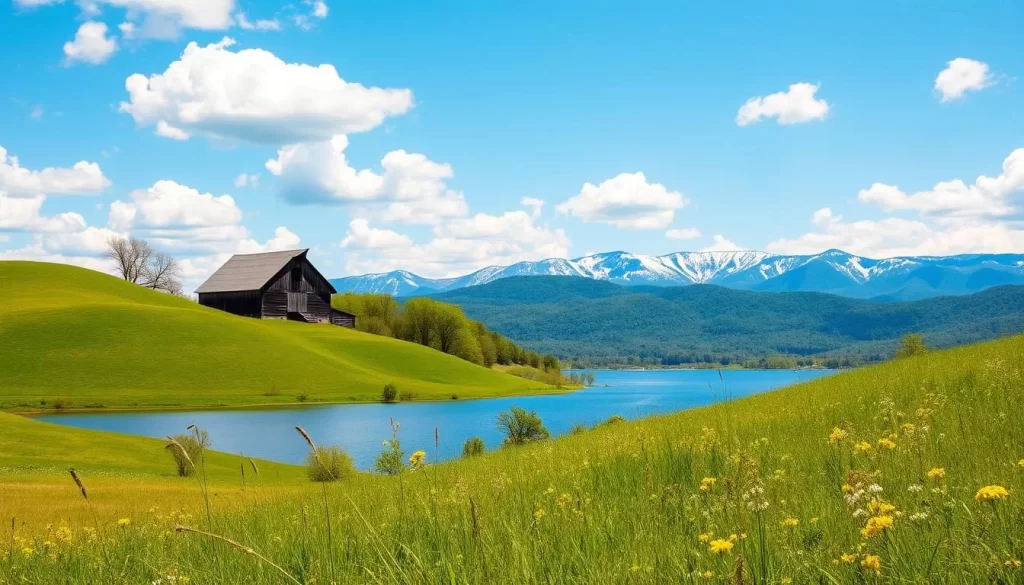 A breathtaking Tennessee landscape on a pleasant spring day. In the foreground, rolling green hills dotted with wildflowers sway in a gentle breeze. A serene lake reflects the azure sky and fluffy white clouds above. In the middle ground, a historic wooden barn stands tall, its weathered exterior evoking the state's rich agricultural heritage. The background features the majestic outline of the Great Smoky Mountains, their peaks capped with a dusting of snow. Warm, golden sunlight filters through the scene, creating a picturesque and inviting atmosphere perfect for a budget-friendly outdoor adventure.