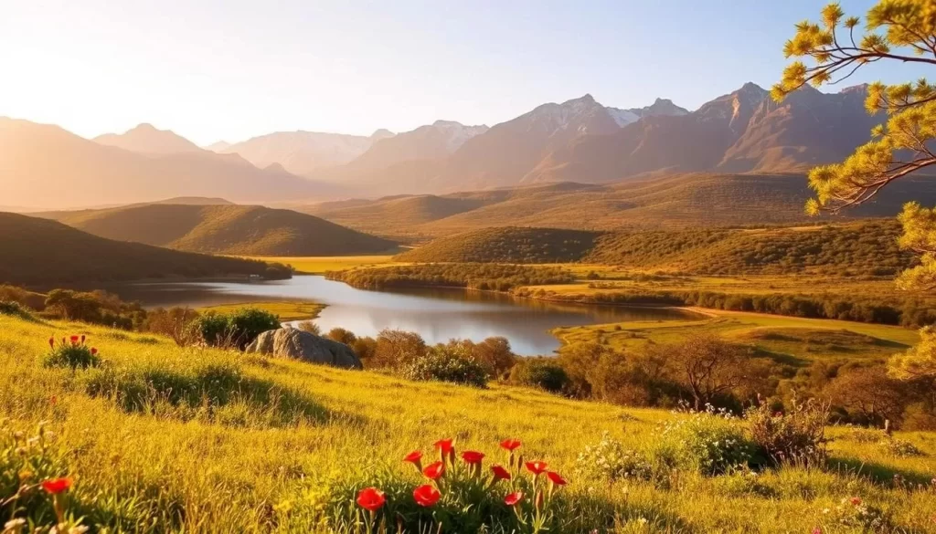 A breathtaking West Coast National Park landscape in South Africa, bathed in warm, golden sunlight. In the foreground, a lush, verdant meadow dotted with vibrant wildflowers. In the middle ground, rolling hills covered in indigenous fynbos vegetation. In the distance, majestic mountains rise up, their peaks capped with snow. A picturesque lake reflects the tranquil scene, inviting visitors to enjoy a peaceful picnic or a traditional braai. The atmosphere is serene and inviting, with a gentle breeze rustling the leaves of the surrounding trees. A perfect setting for a day of outdoor exploration and relaxation in this stunning national park.