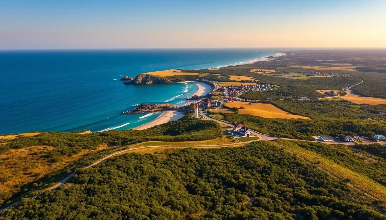 A breathtaking aerial view of Block Island, Rhode Island, capturing its stunning natural beauty. The frame showcases the island's rugged coastline, with its picturesque bluffs and pristine sandy beaches stretching out along the azure waters of the Atlantic Ocean. In the middle ground, lush rolling hills and lush vegetation create a serene and tranquil landscape, dotted with quaint historic structures and lighthouses. The background is dominated by a clear, cloudless sky, bathed in warm, golden sunlight that illuminates the scene, conveying a sense of peaceful tranquility and timeless allure. This idyllic image perfectly encapsulates the charm and allure of Block Island, a true New England gem.