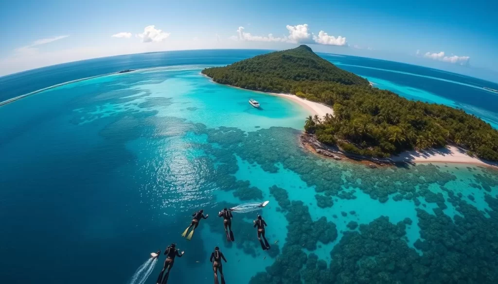 A breathtaking aerial view of Layang Layang Island, a hidden gem in the turquoise waters of the Celebes Sea. The sun's rays dance across the crystal-clear lagoon, illuminating the vibrant coral reefs and schools of colorful tropical fish below. In the foreground, a group of scuba divers gracefully submerge, exploring the island's underwater wonders. The lush, verdant landscape rises gently from the shore, framed by swaying palm trees and a cloudless, azure sky. Capture the serene, tranquil atmosphere of this unspoiled tropical paradise.