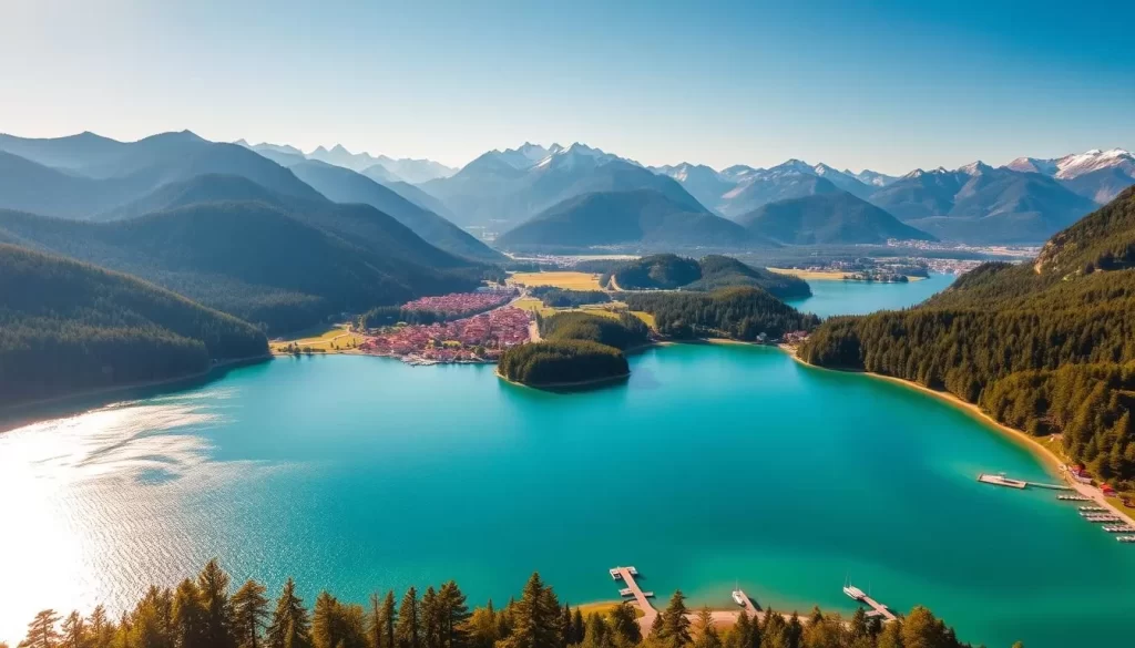 A breathtaking aerial view of Worthersee Lake, nestled amidst the stunning alpine landscape of Carinthia, Austria. The crystal-clear turquoise waters glisten in the warm, golden sunlight, reflecting the surrounding majestic mountains and lush, verdant forests. In the foreground, sailboats and small wooden piers dot the shoreline, while in the middle ground, charming lakeside towns and villages with their distinctive red-tiled roofs come into view. The background is dominated by the towering, snow-capped peaks of the Carinthian Alps, creating a serene and breathtaking panorama. The overall scene conveys a sense of tranquility, natural beauty, and the timeless allure of this picturesque alpine gem.