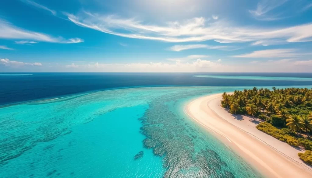 A breathtaking aerial view of the Maldives archipelago under a clear, azure sky. Crystalline turquoise waters lap gently against pristine white-sand beaches, fringed by swaying palm trees. In the middle ground, lush tropical foliage and vibrant coral reefs teeming with marine life. Warm, diffused sunlight filters through wispy cirrus clouds, casting a soft, golden glow over the entire scene. The composition captures the serene, idyllic atmosphere that epitomizes the Maldives' perfect tropical weather.