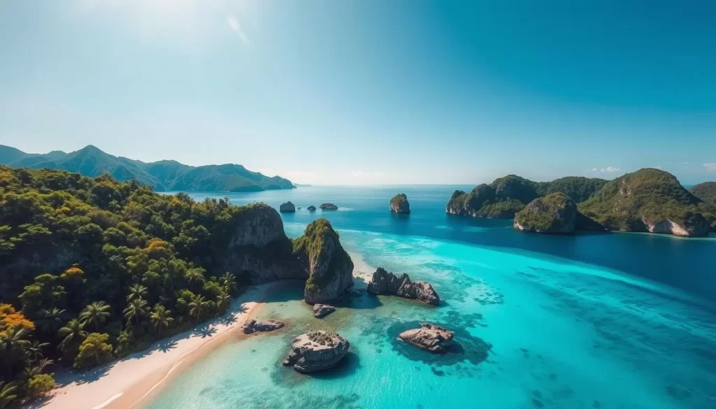 A breathtaking aerial view of the Similan Islands, Thailand's pristine archipelago in the Andaman Sea. Vibrant turquoise waters lap against white sandy beaches, framed by lush tropical foliage and dramatic granite boulders. Sun-dappled rays illuminate the tranquil coves, inviting exploration. In the distance, emerald-green hills rise up, their slopes blanketed in verdant forests. A classic wide-angle landscape shot, captured with a sharp, high-resolution lens to showcase the dramatic natural beauty of this stunning island paradise.