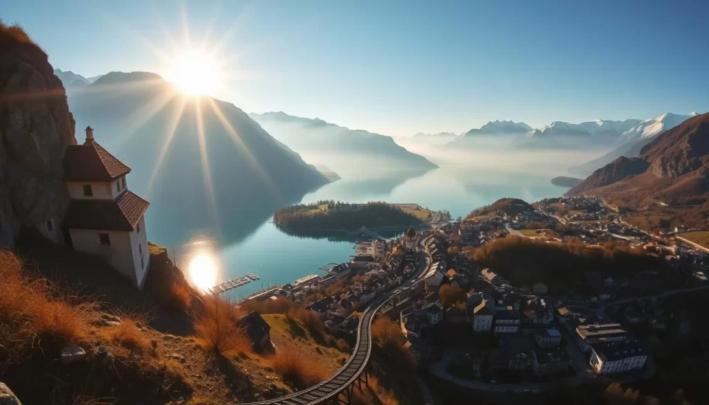 A breathtaking aerial view of the historic Hallstatt salt mines nestled in the picturesque Salzkammergut region of Austria. The sun's golden rays illuminate the charming town below, casting warm reflections on the serene lake. In the foreground, a narrow funicular railway winds its way up the mountainside, carrying workers to the salt extraction facilities. The mid-ground showcases the quaint, colorful buildings and winding cobblestone streets of Hallstatt, surrounded by the majestic, snow-capped peaks of the Austrian Alps in the distance. The scene radiates a peaceful, timeless atmosphere, inviting the viewer to explore the rich heritage and natural beauty of this UNESCO World Heritage site.