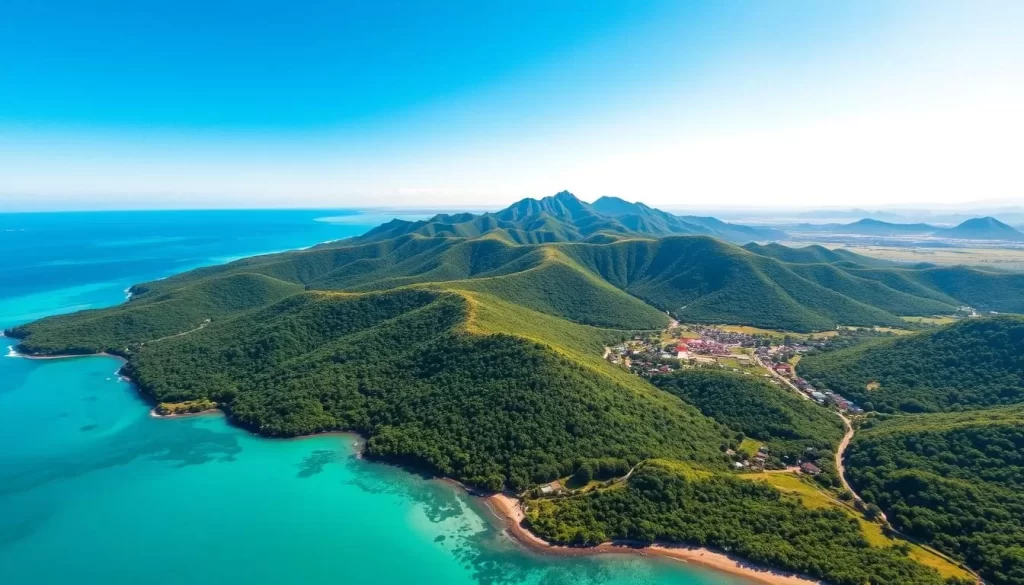 A breathtaking aerial view of the lush, mountainous island of Timor-Leste, Southeast Asia's hidden gem, under a bright, azure sky. Verdant forests and rolling hills stretch out in the foreground, interspersed with quaint villages and winding roads. In the distance, the crystal-clear turquoise waters of the Timor Sea glisten invitingly. Capture the essence of this captivating island, where ancient cultures and untamed natural beauty converge to create a truly mesmerizing destination.