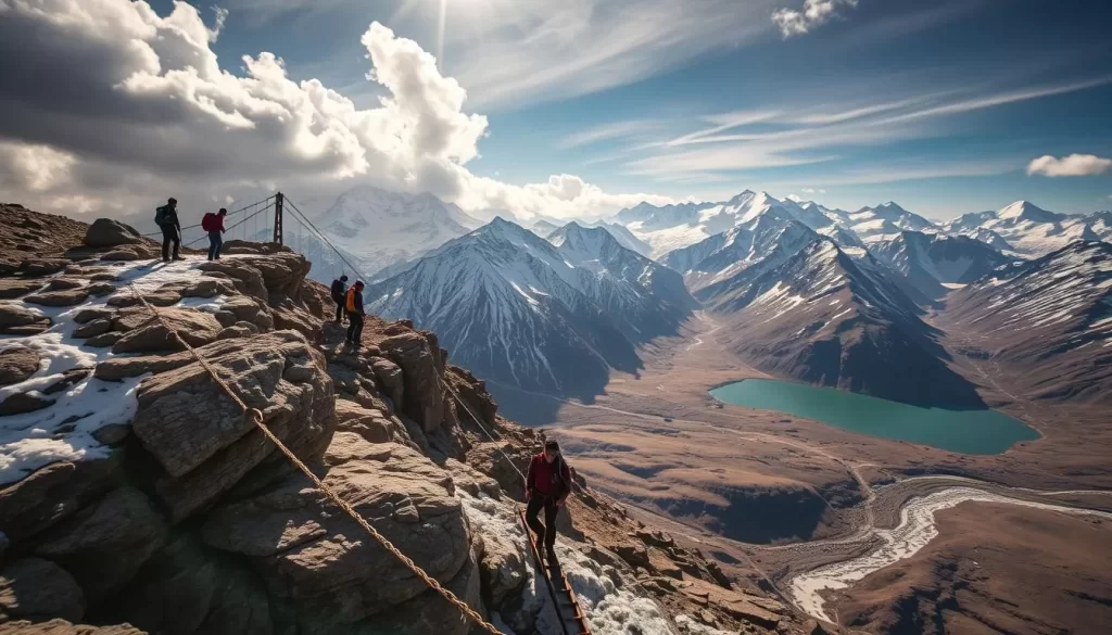 A breathtaking aerial view of the majestic Himalayan mountains in Nepal, with a group of adventurous hikers trekking across a rugged, snow-capped landscape. Sunlight filters through the clouds, casting a warm glow over the scene. In the foreground, a suspension bridge sways gently over a rushing river, inviting exploration. In the middle ground, skilled climbers scale a sheer rock face, their determination etched on their faces. In the distance, a pristine alpine lake reflects the surrounding peaks, creating a serene and awe-inspiring atmosphere. The overall impression is one of untamed natural beauty and the thrill of conquering Nepal's majestic terrain.