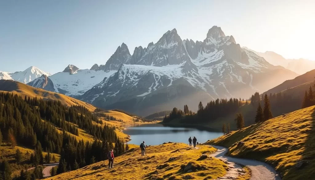 A breathtaking alpine landscape in Carinthia, Austria, bathed in warm, golden sunlight. In the foreground, a tranquil alpine lake reflects the towering, snow-capped peaks that rise majestically in the distance. Rolling, verdant hills and lush, evergreen forests frame the scene, creating a serene and picturesque vista. Hikers traverse a winding trail that winds through the idyllic countryside, inviting exploration of Carinthia's natural wonders. The scene is captured with a wide-angle lens, emphasizing the grandeur and scale of this stunning alpine setting.