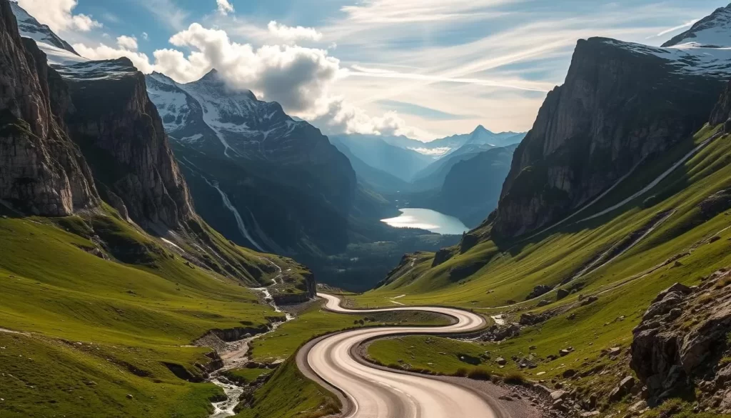 A breathtaking alpine route winds through majestic snow-capped peaks, punctuated by lush green meadows and cascading waterfalls. Sunlight filters through wispy clouds, casting a warm glow over the rugged terrain. In the foreground, a narrow road curves gracefully, inviting the viewer to embark on an exhilarating journey. Towering, jagged cliffs rise on either side, their jagged edges creating dramatic shadows. In the distance, a pristine alpine lake reflects the surrounding grandeur, its still waters mirroring the grandeur of the towering mountains. The overall scene evokes a sense of natural wonder and the thrill of exploring the untamed beauty of the Austrian Alps.