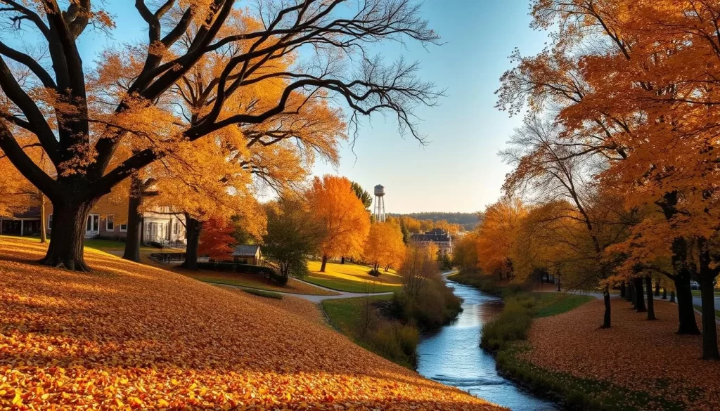 A breathtaking autumn landscape in Nebraska City, Nebraska. In the foreground, a lush carpet of fallen leaves covers the ground, their warm hues of orange, red, and yellow casting a cozy glow. Towering oak and maple trees line the path, their branches reaching towards the clear, azure sky. A gently winding stream cuts through the scene, its surface reflecting the vibrant foliage overhead. Soft, diffused sunlight filters through the canopy, creating a serene and inviting atmosphere. In the distance, historic buildings and the iconic water tower of Nebraska City can be seen, hinting at the town's charming character. This idyllic autumnal vista perfectly captures the enchanting charm of Nebraska City. A breathtaking autumn landscape in Nebraska City, Nebraska. In the foreground, a lush carpet of fallen leaves covers the ground, their warm hues of orange, red, and yellow casting a cozy glow. Towering oak and maple trees line the path, their branches reaching towards the clear, azure sky. A gently winding stream cuts through the scene, its surface reflecting the vibrant foliage overhead. Soft, diffused sunlight filters through the canopy, creating a serene and inviting atmosphere. In the distance, historic buildings and the iconic water tower of Nebraska City can be seen, hinting at the town's charming character. This idyllic autumnal vista perfectly captures the enchanting charm of Nebraska City.