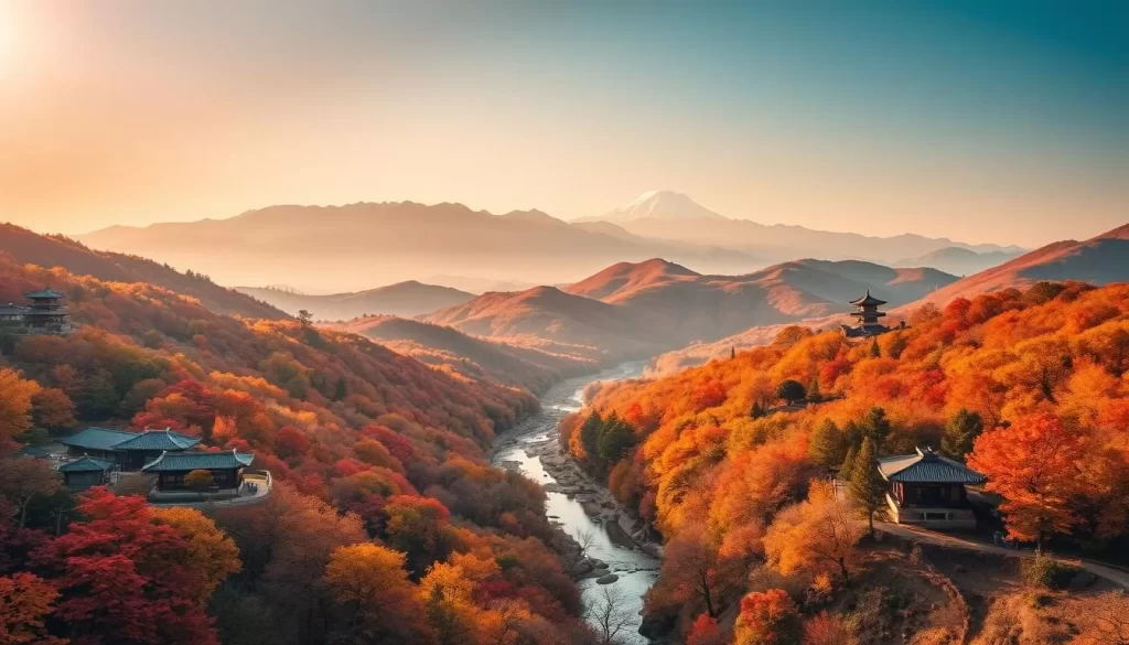 A breathtaking autumn landscape in North Gyeongsang Province, South Korea. Rolling hills blanketed in a vibrant tapestry of crimson, gold, and amber hues. Meandering streams reflect the changing foliage, while pagodas and traditional hanok houses dot the scenic vistas. Soft, diffused lighting bathes the scene in a warm, nostalgic glow, as if captured through a vintage lens. Towering mountains loom in the distance, their peaks capped with a dusting of snow. A sense of tranquility and timelessness pervades the air, inviting the viewer to immerse themselves in the splendor of autumn's colorful splendor.