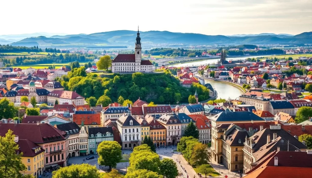 A breathtaking cityscape of Graz, Austria's historic and charming hidden gem. In the foreground, the vibrant, tree-lined Hauptplatz is bustling with locals and tourists, surrounded by the iconic facades of Baroque and Renaissance architecture. Beyond, the Schlossberg hill rises majestically, its iconic clock tower and lush greenery creating a stunning backdrop. In the middle ground, the Mur River winds through the city center, its gentle waters reflecting the pastel-colored buildings and spires. In the distance, the rolling hills and mountains of the Styrian countryside frame the scene, bathed in warm, golden sunlight that illuminates the city's timeless beauty. Capture the essence of Graz's enchanting blend of history, culture, and natural splendor.