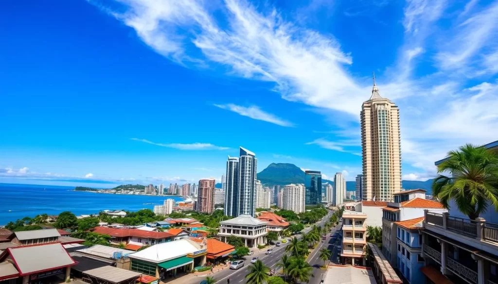 A breathtaking cityscape of Kota Kinabalu, the vibrant gateway to the natural wonders of Borneo. Towering skyscrapers of glass and steel rise majestically against a clear azure sky, their sleek silhouettes mirrored in the calm waters of the South China Sea. In the foreground, bustling streets are lined with colorful local markets and charming colonial-era buildings, while in the distance, the lush, verdant slopes of Mount Kinabalu stand sentinel, a testament to the region's stunning natural beauty. Captured through a wide-angle lens, this scene exudes a sense of energy, progress, and harmony between the urban and the wild.
