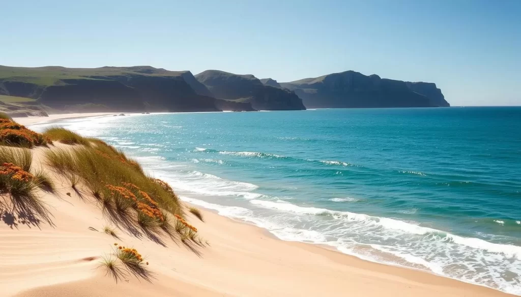 A breathtaking coastal landscape with the azure waves of the Pacific Ocean lapping against the pristine sandy shores of Moonee Beach Nature Reserve. In the foreground, sun-dappled dunes dotted with vibrant wildflowers sway gently in the soft ocean breeze. Further out, the sparkling water stretches to the horizon, its surface reflecting the warm glow of the midday sun. Towering cliffs rise majestically in the background, their rugged silhouettes framing the serene scene. The overall mood is one of tranquility and natural wonder, inviting the viewer to immerse themselves in the beauty of this unspoiled coastal paradise.
