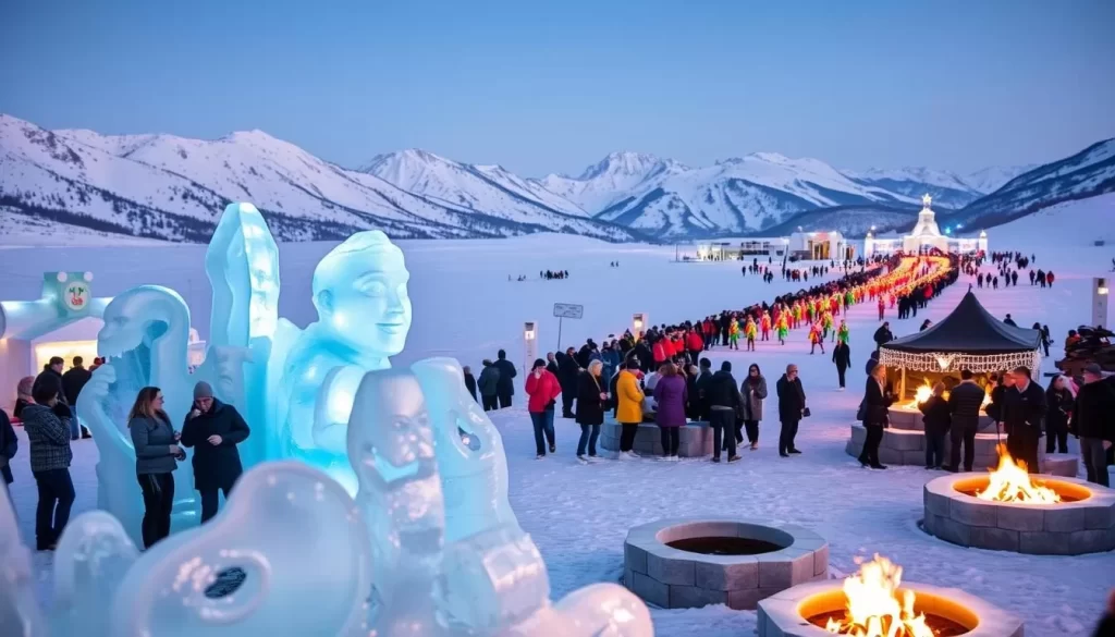 A breathtaking ice festival set against the majestic backdrop of snow-capped mountains. In the foreground, intricate ice sculptures glisten in the soft, diffused light, their delicate forms capturing the wintry splendor. Families and friends gather around fire pits, sipping hot beverages and enjoying the festive atmosphere. Vibrant lights illuminate the scene, casting a warm glow over the snowy landscape. In the distance, a parade of colorfully-dressed performers weaves through the crowds, adding to the lively and joyous energy of the event. The air is crisp and clean, perfectly complementing the serene and enchanting winter wonderland.