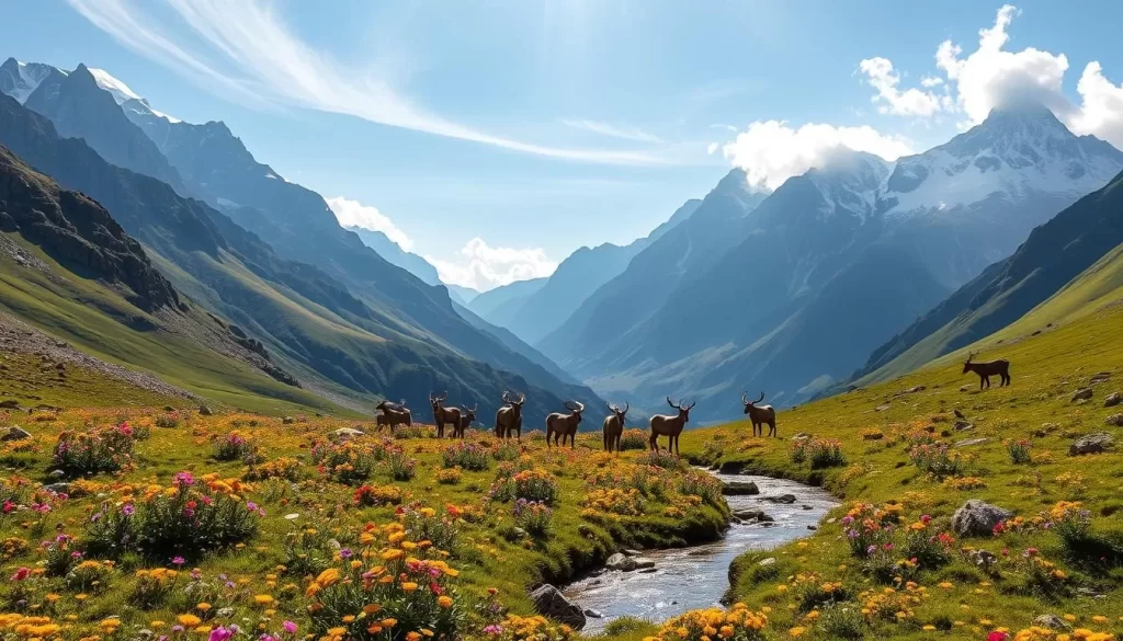 A breathtaking landscape in Aladağlar National Park, Turkey, where majestic mountains rise against a clear blue sky. In the foreground, a serene alpine meadow bursts with vibrant wildflowers, their petals dancing in the gentle breeze. A crystal-clear stream meanders through the scene, its waters reflecting the rugged peaks. In the middle ground, a herd of chamois gracefully roams the rocky terrain, their nimble movements showcasing their natural agility. The background is dominated by towering, snow-capped summits that cast long shadows over the lush, verdant valley below. Warm, golden sunlight filters through wispy clouds, creating a tranquil, awe-inspiring atmosphere.