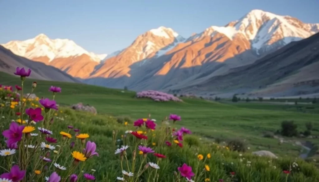 A breathtaking landscape in the remote Ladakh region, India, during the spring bloom. The foreground is ablaze with colorful wildflowers, their petals swaying gently in a soft breeze. In the middle ground, lush green meadows stretch out, dotted with clusters of vibrant rhododendrons and cherry blossoms. Towering, snow-capped Himalayan peaks rise majestically in the background, their slopes bathed in warm, golden sunlight that casts long shadows across the scene. The air is crisp and refreshing, with a sense of tranquility and wonder pervading the entire vista. Capture this picturesque moment of nature's renewal in Ladakh's springtime splendor.