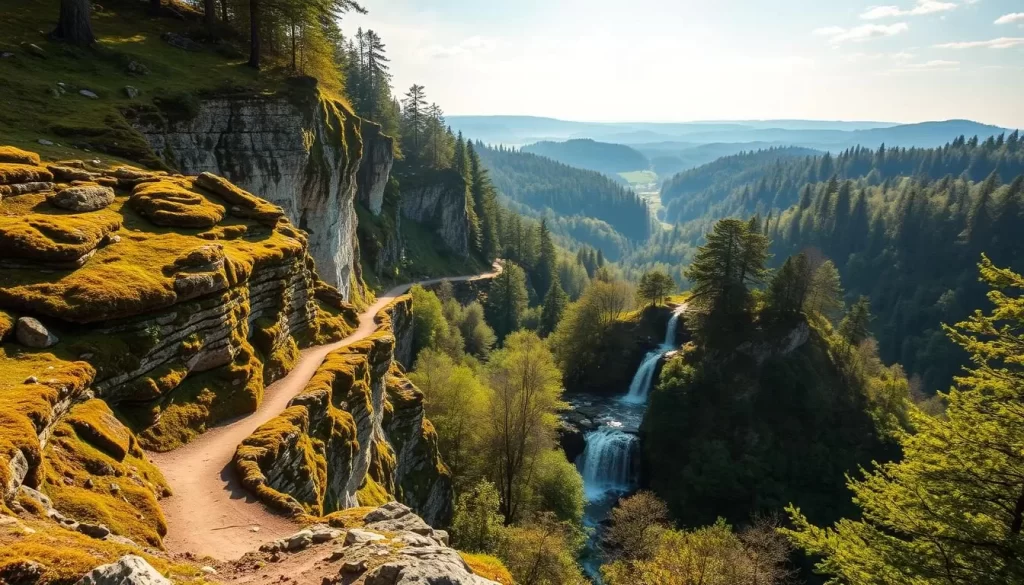 A breathtaking landscape nestled in the heart of Luxembourg's Müllerthal region, known as "Little Switzerland." Capture the rugged, moss-covered cliffs that rise dramatically from the lush, verdant valley below. Showcase the winding hiking trails that meander through the dense, ancient forests, with dappled sunlight filtering through the canopy of towering trees. In the distance, a glistening, crystal-clear stream cascades over weathered, rocky outcroppings, creating a soothing, natural symphony. The scene is bathed in warm, golden light, evoking a sense of tranquility and wonder. Utilize a wide-angle lens to convey the grandeur and scale of this breathtaking, unspoiled natural wonder.